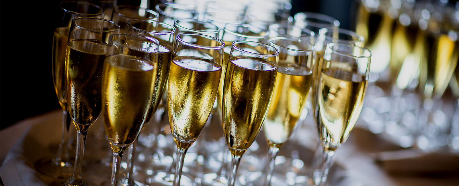 Champagne glasses on plate being walked around by waiter