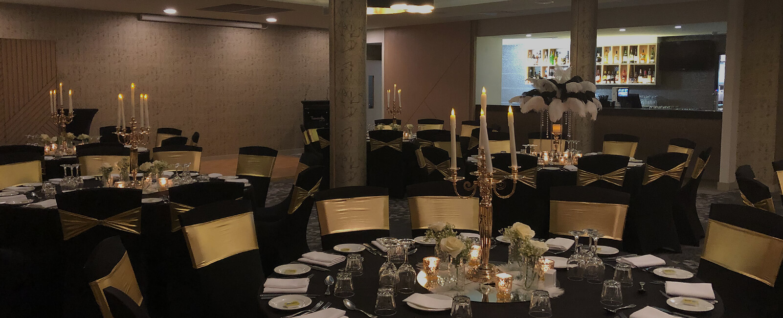 Pier One Function Room set up with beautiful white and gold wedding