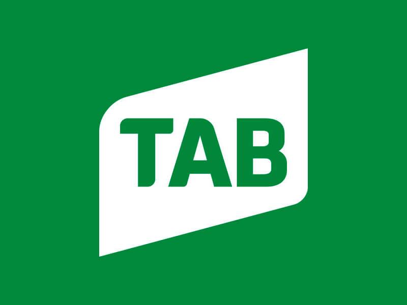 White TAB logo on green background