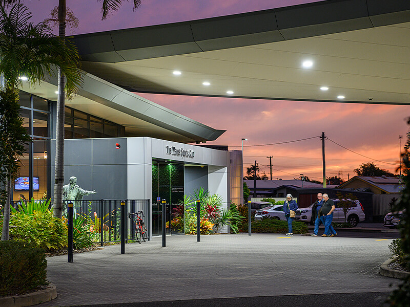 Entrance to The Waves at dusk