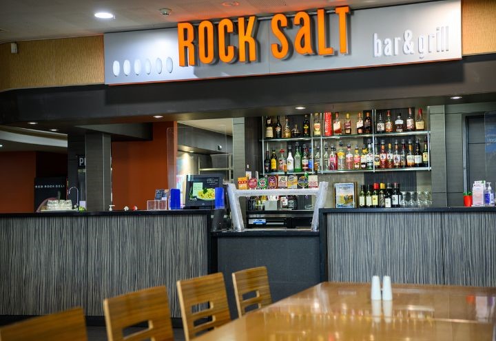Rock Salt Bistro in distance with tables and chairs in foreground