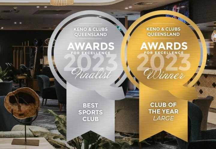 Award graphics for silver and gold on photo of club in background